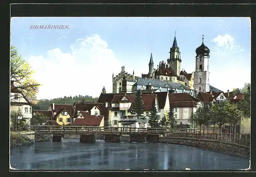 AK Sigmaringen, Blick vom Fluss zum Schloss