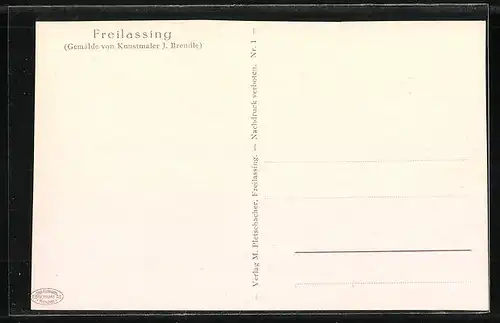 Künstler-AK Freilassing, Ortsansicht gegen die Berge