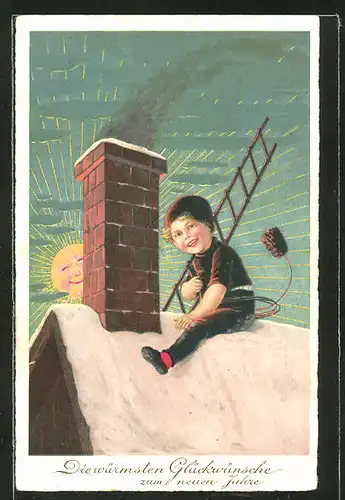 AK Schornsteinfegerjunge sitzt auf dem Dach mit Leiter, Neujahrsgruss