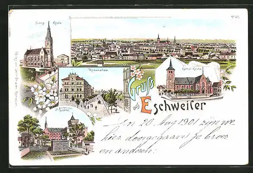 Lithographie Eschweiler, Rosenallee, Kathol. Kirche, St. Antonius Hospital