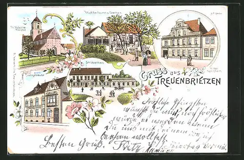 Lithographie Treuenbrietzen, Gasthof Pfefferkorn's Garten, Hotel Kerstein, Schützenhaus, Post