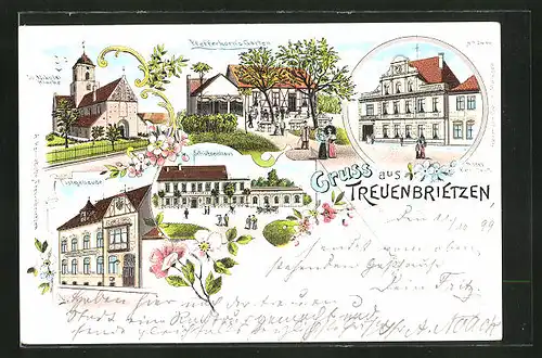 Lithographie Treuenbrietzen, Hotel Kerstein, Gasthof Pfefferkorn's Garten, Schützenhaus, Post