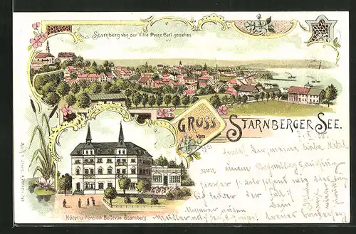 Lithographie Starnberg, Hotel und Pension Bellevue, Ortsansicht