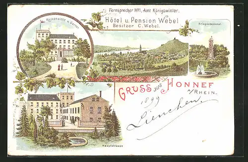 Lithographie Honnef a. Rhein, Hotel und Pension Webel, Kriegerdenkmal
