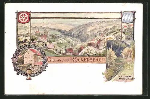 Lithographie Rückersbach, Gasthaus von Peter Hockl, Eingang zur Schlucht
