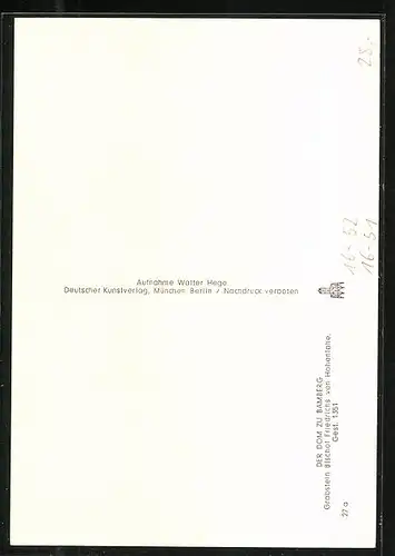 Foto-AK Walter Hege, Deutscher Kunstverlag, Nr. 27 a: Bamberg, Dom, Grabstein Bischof Friedrichs von Hohenlohe