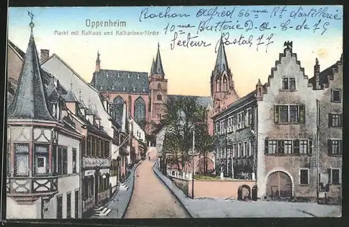 AK Oppenheim, Strasse am Markt mit Rathaus und Katharinen-Kirche