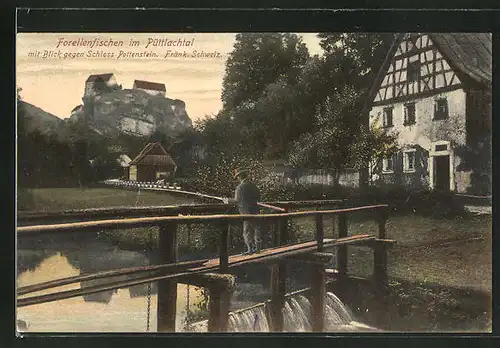 AK Pottenstein / Fränk. Schweiz, Forellenfischen im Püttlachtal mit Blick gegen das Schloss