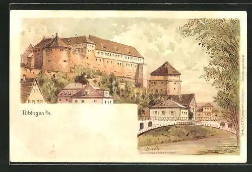 Lithographie Tübingen a. N., Teilansicht mit Flusspartie und Brücke