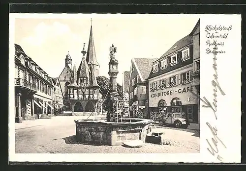 AK Michelstadt i. Odw., Marktplatz mit Rathaus, Brunnen und Konditorei-Café