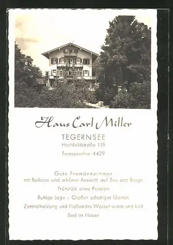 AK Tegernsee, Hotel Pension Haus Carl Miller, Hochfeldstrasse 118