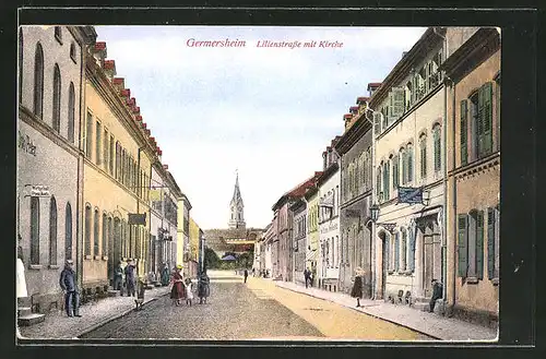 AK Germersheim, Lilienstrasse mit Kirche