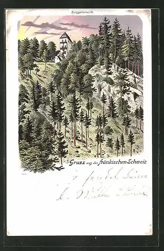 Lithographie Burggailenreuth, Ortspartie am Wald