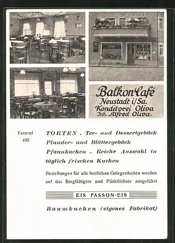 AK Neustadt i. Sa., Balkon Café von Alfred Oliva, Innenansichten
