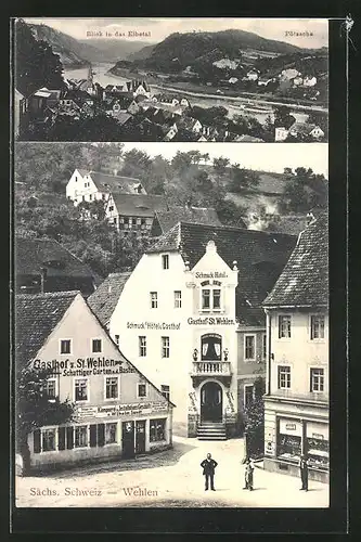 AK Wehlen / Sächs. Schweiz, Schmuck's Hotel & Gasthof, Gasthof z. St. Wehlen, Blick in das Elbetal, Pötzscha