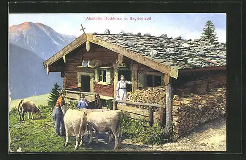 AK Bayrischzell, Partie an der Almhütte Hochkreut mit Kühen
