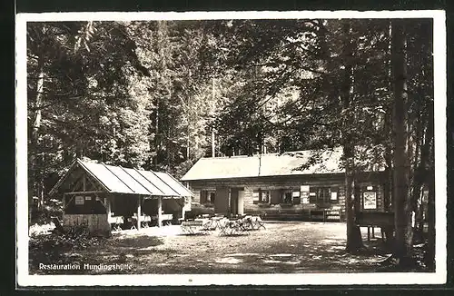 AK Linderhof, Restauration Hundingshütte im Wald