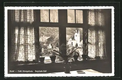 AK Bayrisch-Zell, Blick durchs Fenster vom Hotel-Cafè Königslinde