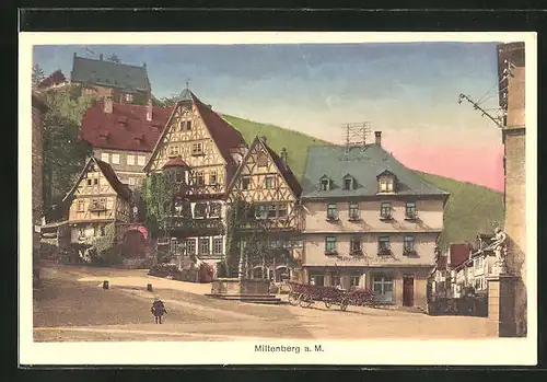 AK Miltenberg a. M., Ortspartie mit Marktplatz und Brunnen sowie Miltenberger Gasthaus