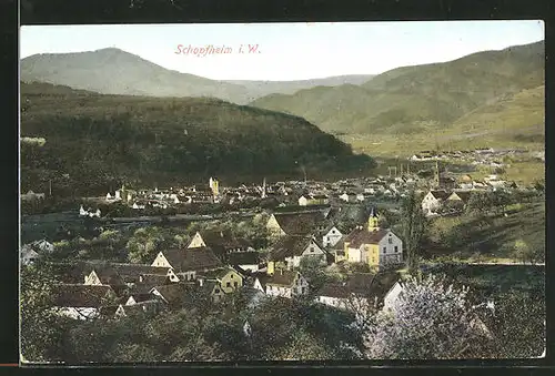 AK Schopfheim i. W., Ortsansicht aus der Vogelschau mit Blick auf die Berge