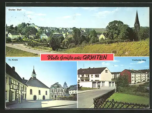 AK Gruiten, ev. Kirche, Voisheider Weg-Strasse und Gesamtansicht