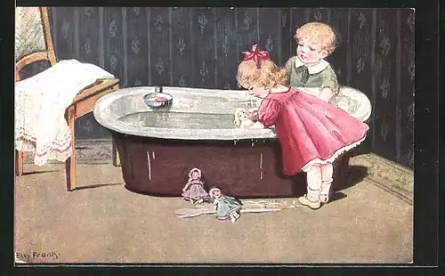 Künstler-AK Elly Frank: Puppenwäsche, Kinder baden ihre Puppen in der Wanne