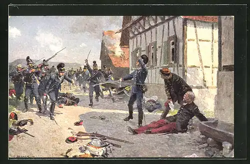 Künstler-AK Carl Becker: Gefangennahme eines franz. Generals durch bayer. Infanterie in Fröschweiler 1870