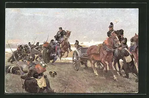 Künstler-AK Carl Becker: Oberleutnant Frhrr. von Stengel in der Schlacht bei Villepion 1870