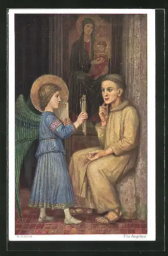 Künstler-AK Matthäus Schiestl: Fra Angelico, Engel gibt einem jungen Mann Pinsel vor Marienbild