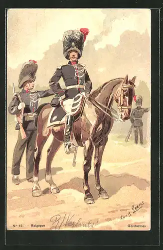 Künstler-AK sign. L. Geens: Belgique, Gendarmes, belgischer Kavallerist mit Gewehr auf seinem Pferd