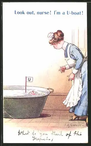 Künstler-AK Douglas Tempest: "Look out, nurse! I'm a U-boat!" Hausdame blickt in eine Badewanne