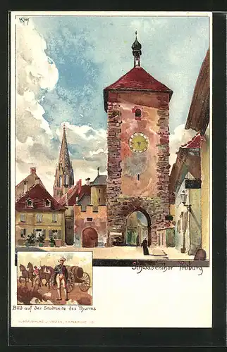 Künstler-AK Heinrich Kley: Das Schwabenthor Freiburg mit Teilansicht eines Bildes auf der Stadtseite des Thurms