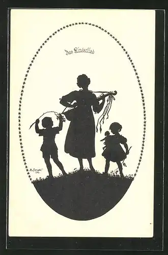 Künstler-AK Elsbeth Forck: Schattenbilder, III. Reihe, Lieder zur Laute, Das Kinderlied, Frau mit Kindern singt Lieder