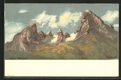 Künstler-Lithographie Rudolf Reschreiter: Familie Watzmann, Berge mit Gesicht / Berggesichter