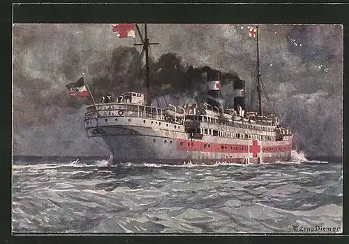 Künstler-AK Zeno Diemer: Lazarettschiff auf der See, Rotes Kreuz