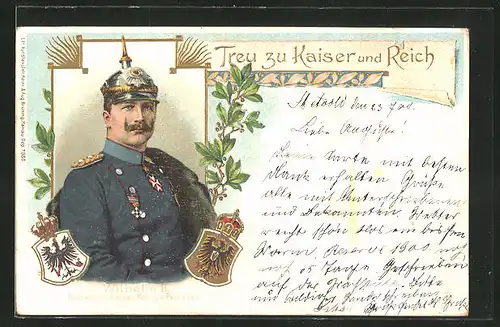 Lithographie Portrait Kaiser Wilhelm II. "Treu zu Kaiser und Reich"