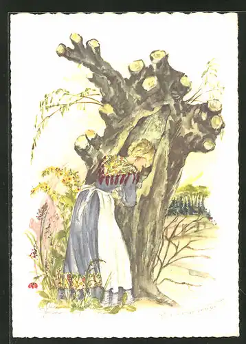 AK Märchen "Die Regentrude", Junge Frau schaut in das Loch eines Baumstammes
