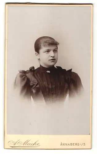 Fotografie A. Meiche, Annaberg, Portrait Fräulein mit streng zusammengebundenem Haar
