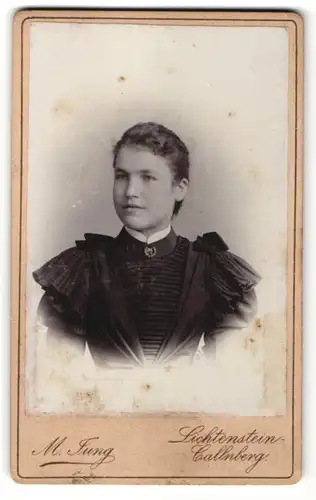 Fotografie M. Jung, Lichtenstein-Callnberg, Junge Frau mit schwarzen Rüschen zur Seite gewandt