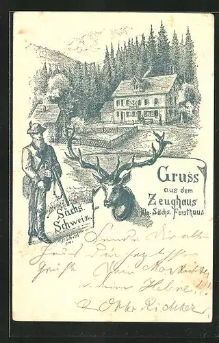 Vorläufer-Lithographie Otterndorf, 1894, Kgl. Sächs. Forsthaus und Gasthof "Zeughaus"