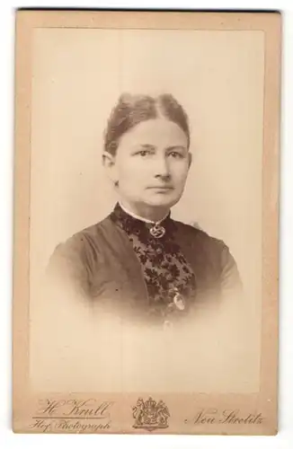 Fotografie H. Krull, Neustrelitz, Portrait chamante junge Frau mit Broschen in bestickter Bluse