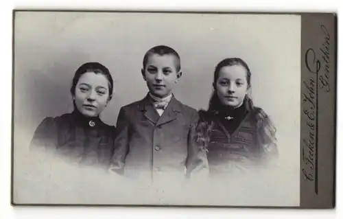 Fotografie C. Feeken & E. John, Genthin, Portrait Bub mit zwei Schwestern