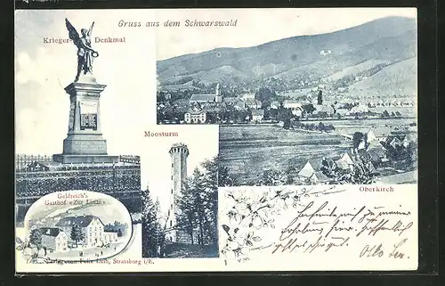 AK Oberkirch / Schwarzw., Geldreich's Gasthof "Zur Linde", Kriegerdenkmal, Moosturm, Ortsansicht