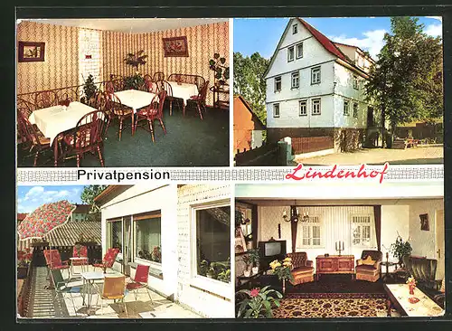 AK Hetzbach / Odenwald, Strasse an der Privatpension Lindenhof, Terrasse, Innenansichten Speisezimmer und Gastraum