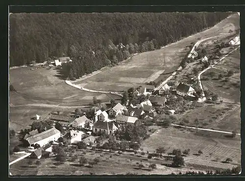 AK Moosbronn / Schwarzwald, Ortsansicht mit Gasthaus und Pension zum Hirsch aus der Vogelschau