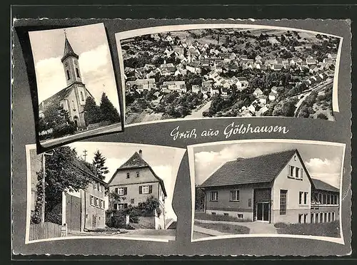 AK Gölshausen, Ortsansicht, Kirche, Strassenpartie mit Gebäudeansicht