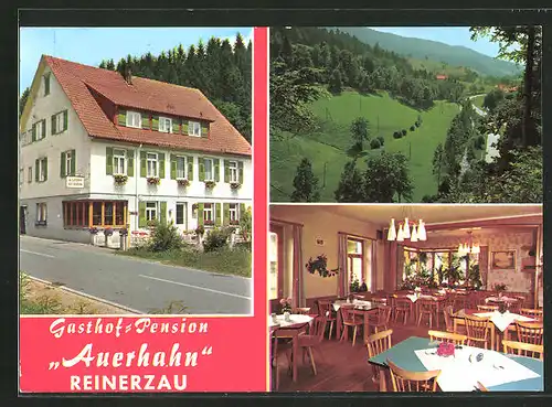 AK Reinerzau, Gasthof Auerhahn, Pension und Bäckerei, Ortspartie mit Gebäudeansicht, Innenansicht Gastraum