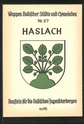 AK Haslach, Stadtwappen, Baustein für die Badischen Jugendherbergen 10 Pf.