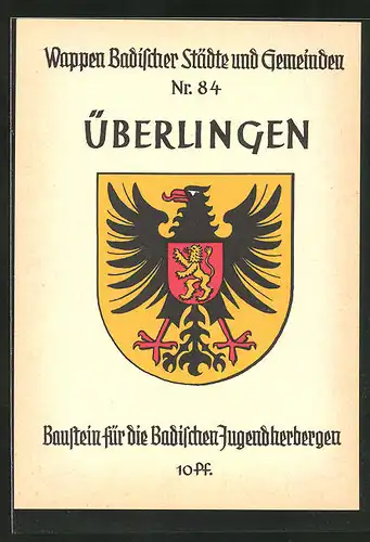 AK Überlingen, Stadtwappen, Baustein für die Badischen Jugendherbergen 10 Pf.