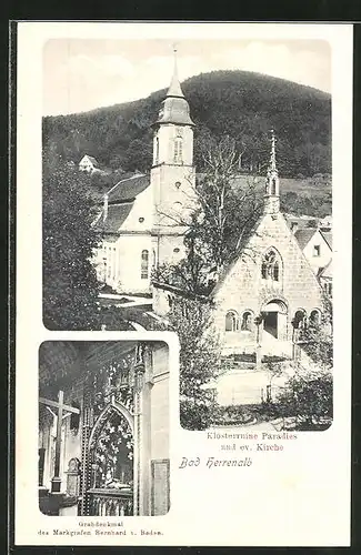 AK Herrenalb, Klosterruine Paradies und ev. Kirche, Grabdenkmal des Markgrafen Bernhard v. Baden